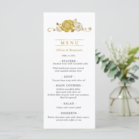 Gouden Rozen Wervelingen Bladeren Wedding Menu (Staand voorkant)