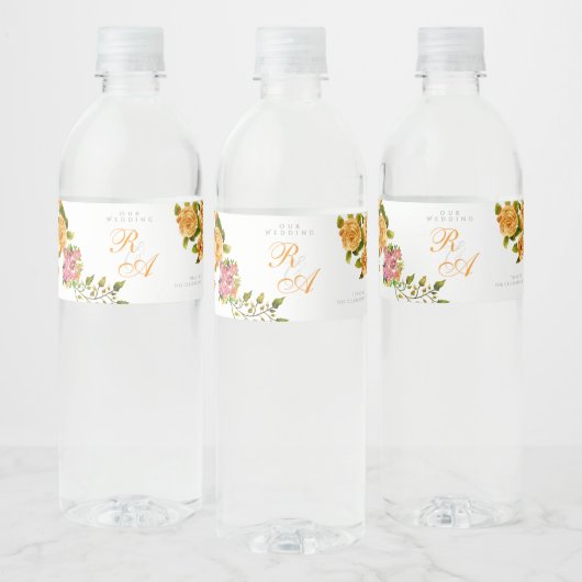 Gouden Rozenlint Monogram Trouwfeest Waterfles Etiket (Flessen)