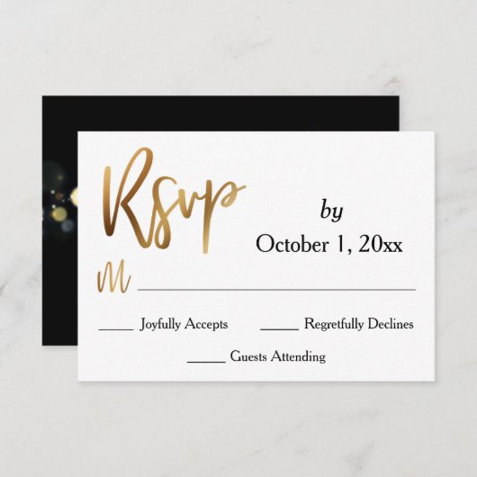 Gouden RSVP-typografie, Bokeh en Black Back RSVP Kaartje (Voorkant / Achterkant)