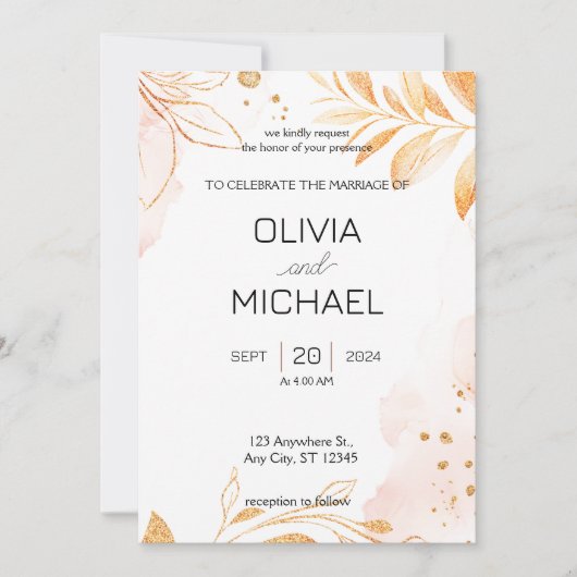 Gouden rustieke herfst gebladerte bruiloft uitnodi kaart (Voorkant)