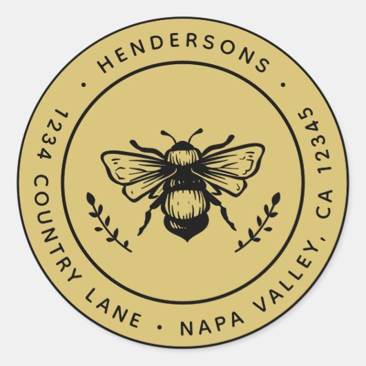 Gouden rustieke hommel rond retouradres ronde sticker (Voorkant)