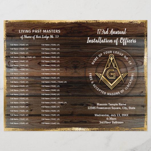 Gouden rustieke Houten Bifold Masonic Programma Sj (Voorkant)