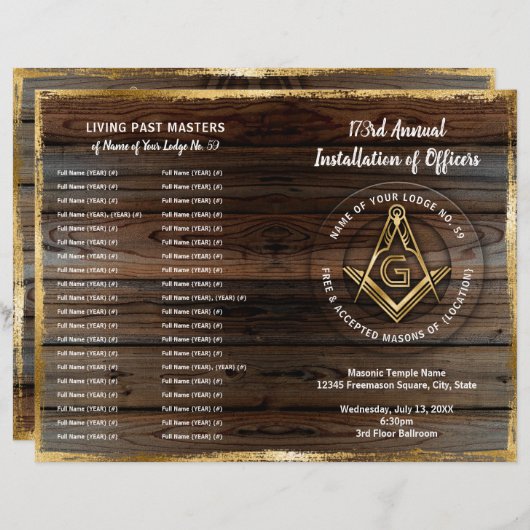 Gouden rustieke Houten Bifold Masonic Programma Sj (Voorkant / Achterkant)