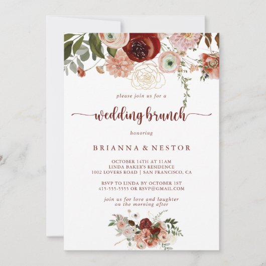 Gouden rustieke kleurrijke bloemenbruiloft brunch kaart (Voorkant)