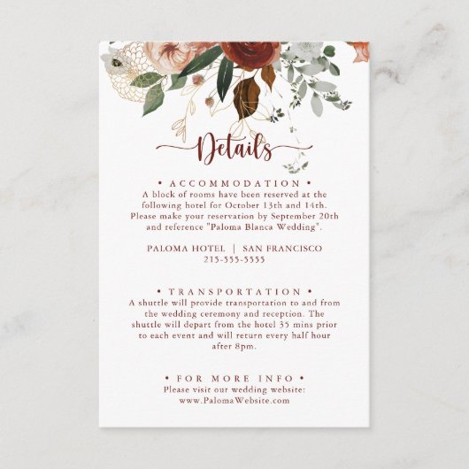 Gouden rustieke kleurrijke bloemenbruiloft Details Informatiekaartje (Voorkant)