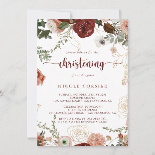 Gouden rustieke kleurrijke bloemendoop kaart (Voorkant)