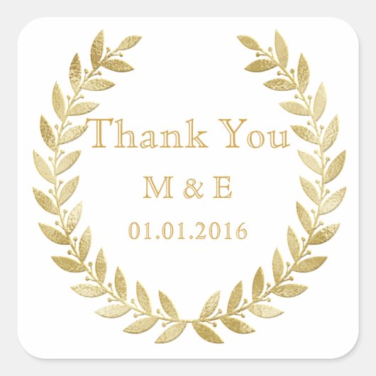Gouden rustieke Laurel krans gepersonaliseerd dank Vierkante Sticker (Voorkant)