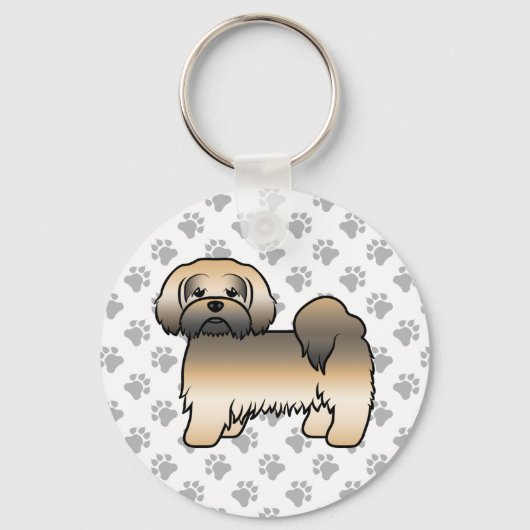 Gouden Sable Lhasa Apso Lieve Tekening Hond Sleutelhanger (Voorkant)