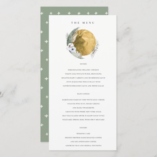 Gouden Saga Groene Bloemenkrans Trouw Menu Kaart (Voorkant / Achterkant)
