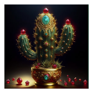 Gouden Saguaro Cactus Met Ingebedde Robijnen Perfect Poster