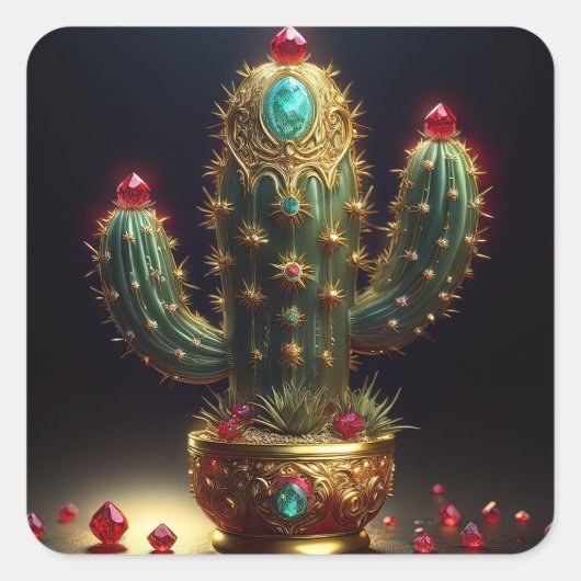Gouden Saguaro Cactus Met Ingelegde Robijnen Vierkante Sticker (Voorkant)