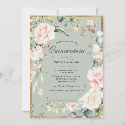 Gouden Salie Groen Elegant Bloemen Quinceañera Kaart (Voorkant)