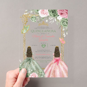 Gouden Salie Groen En Roze Tweeling Quinceañera Acryl Uitnodigingen