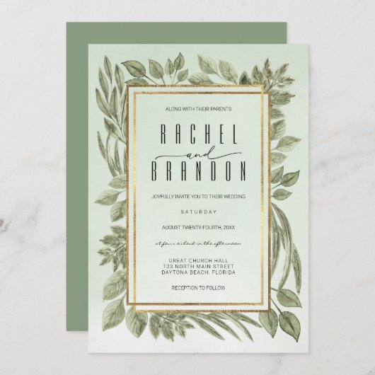 Gouden Salie Groen Groen Waterverf Bruiloft Kaart (Voorkant / Achterkant)