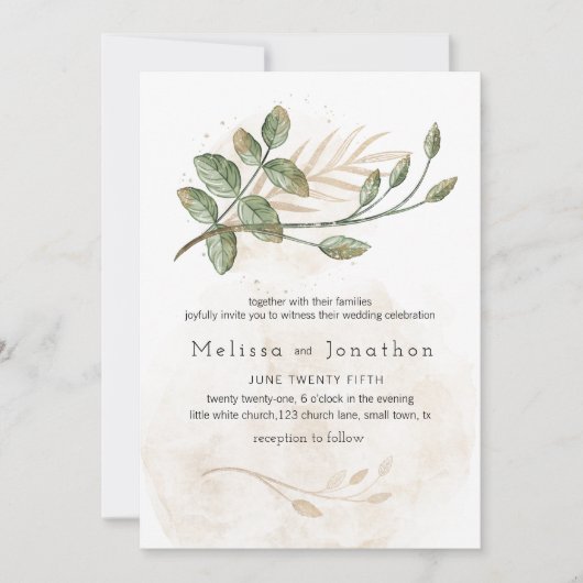 Gouden Salie Groene Bloemen Elegante Bruiloft Kaart (Voorkant)