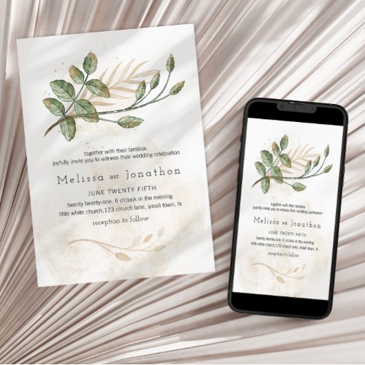 Gouden Salie Groene Bloemen Elegante Bruiloft Kaart