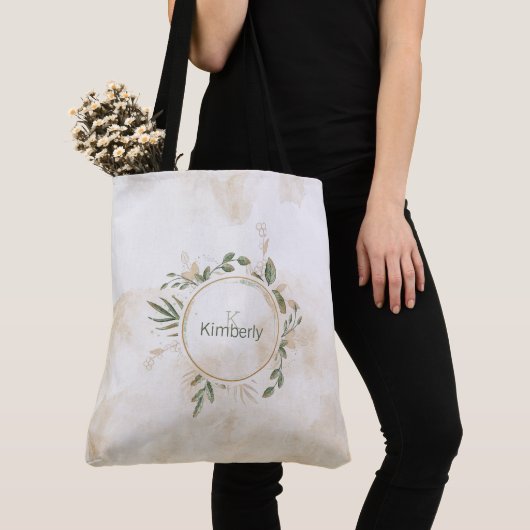 Gouden Saliegroen Bloem Initialen Monogram Tas (Dichtbij)