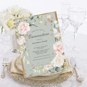 Gouden Saliegroen Elegante Bloemige Quinceañera Kaart