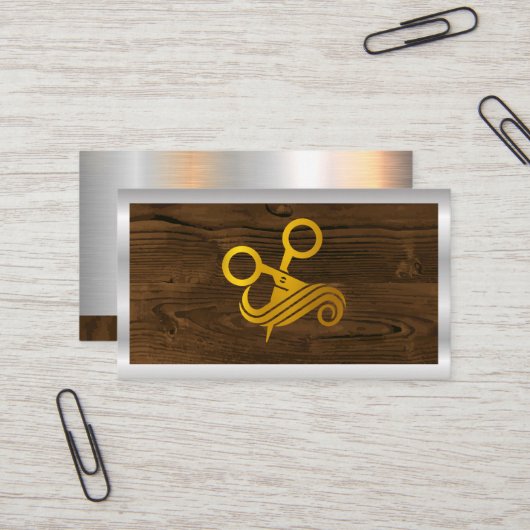Gouden Salon Scharen | Hout Metaalglans Visitekaartje (Voorkant / Achterkant in situ)
