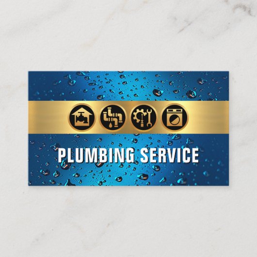 Gouden sanitair streep op blauwe waterdruppels visitekaartje (Voorkant)