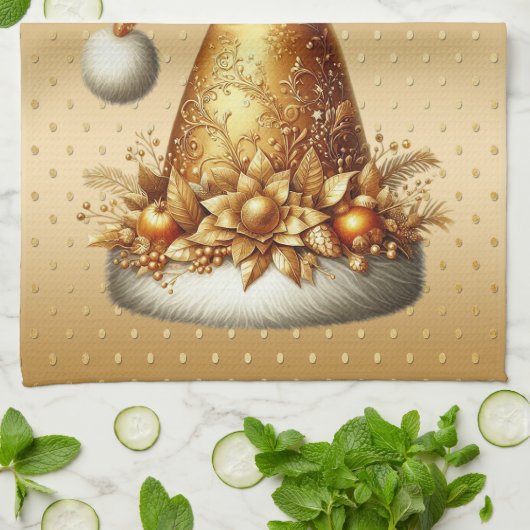 Gouden Santa Hat Kerst Vakantie Keuken Handdoek (Gevouwen)