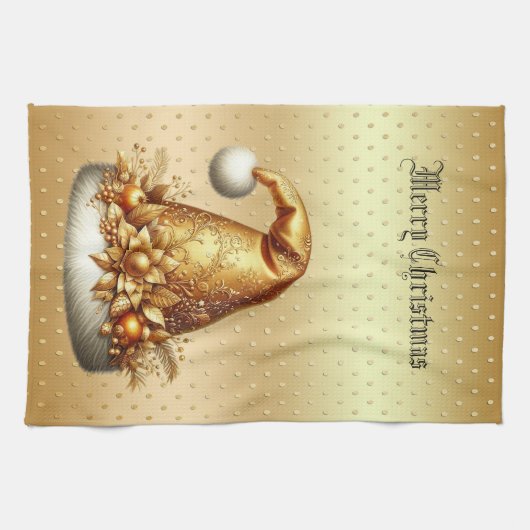 Gouden Santa Hat Kerst Vakantie Keuken Handdoek (Horizontaal)