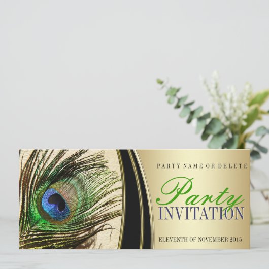 Gouden Satijn Stijlvolle Pauw Veer Uitnodigingen (Staand voorkant)