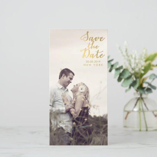 Gouden Save the Date Script Overlay Foto Kaarten (Staand voorkant)