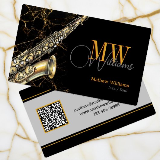 Gouden Saxofoon Jazz, Zwart & QR Code, Monogram Visitekaartje