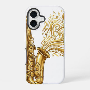 Gouden Saxofoon met Wervelende Muzieknoten Telefoo iPhone 16 Hoesje