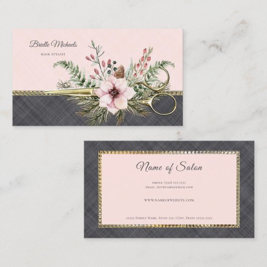 Gouden Schaar Bloem Roze Grijs Linnen Haar Stylist Visitekaartje (Voorkant / Achterkant)
