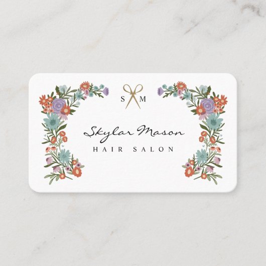 Gouden Schaar Bloemen Krans Haar Stylist Wit Visitekaartje (Voorkant)