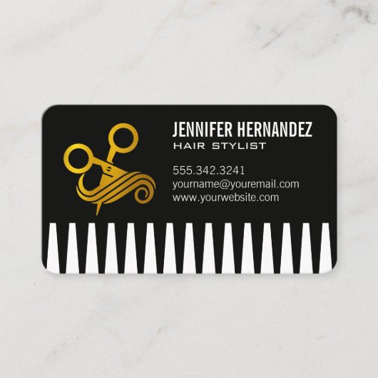 Gouden schaar en kam | kapper visitekaartje (Voorkant)