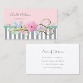 Gouden Schaar en Strepen Roze Bloemen Haarstylist Visitekaartje (Voorkant / Achterkant)