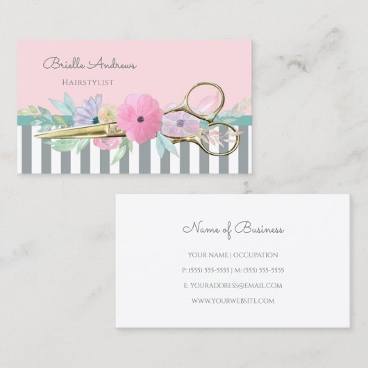 Gouden Schaar en Strepen Roze Bloemen Haarstylist Visitekaartje (Voorkant / Achterkant)