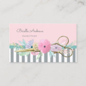 Gouden Schaar en Strepen Roze Bloemen Haarstylist Visitekaartje (Voorkant)