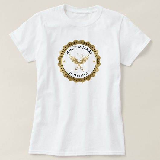 Gouden Schaar Haarstylist Logo Aangepaste Tekst T-shirt (Design voorkant)