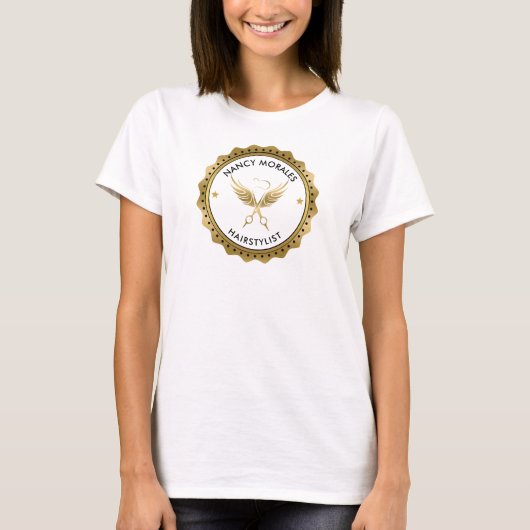 Gouden Schaar Haarstylist Logo Aangepaste Tekst T-shirt (Voorkant)