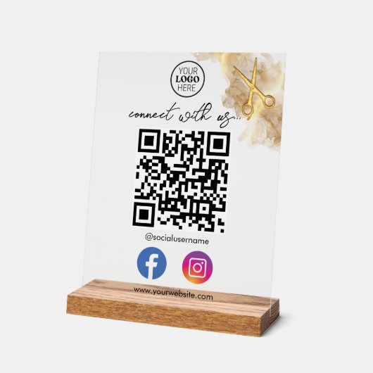Gouden schaar Metalen Visitekaartje met QR-code Acryl Bord (Hoek)