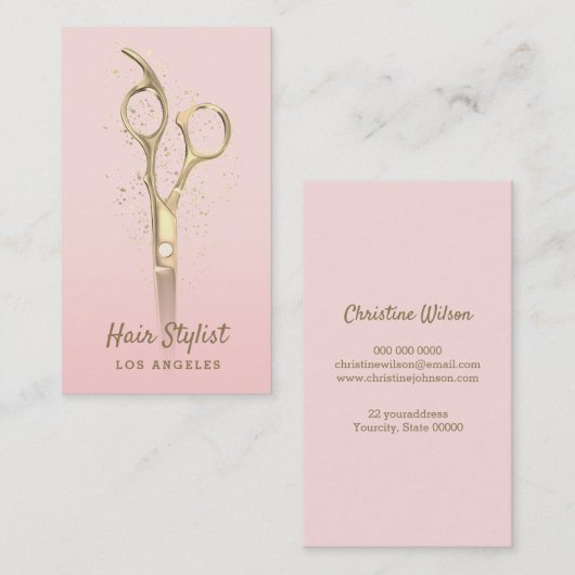 Gouden schaar op roze visitekaartje (Voorkant / Achterkant)