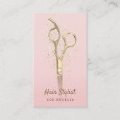 Gouden schaar op roze visitekaartje (Voorkant)