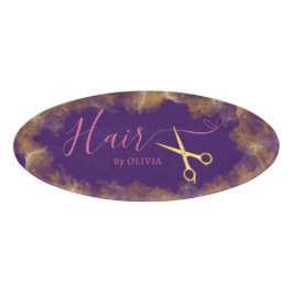 Gouden Schaar Paarse Haar Gesneden Schoonheidssalo Naambadge