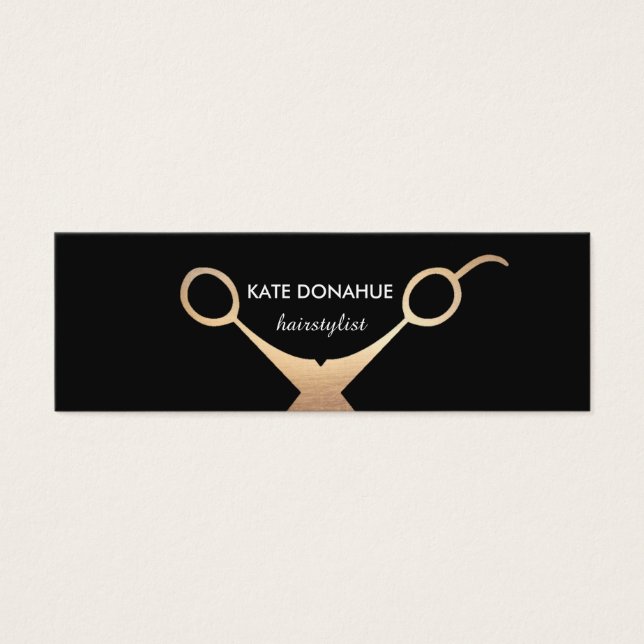Gouden Schaar Zwart Haar Salon Afspraak Mini Visitekaartjes (Voorkant)