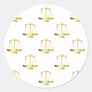 Gouden schalen van rechtvaardigheid op wit herhali ronde sticker