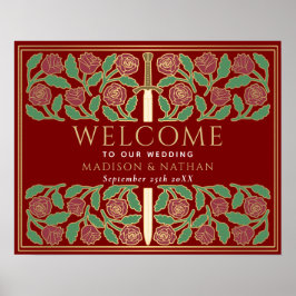 Gouden scharlaken bloemensabel huwelijks welkomstb poster