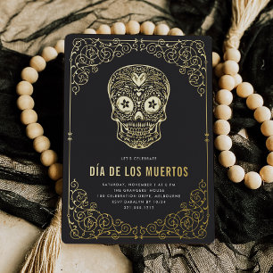 Gouden Schedel Dia de los Muertos Feest Folie Uitnodiging