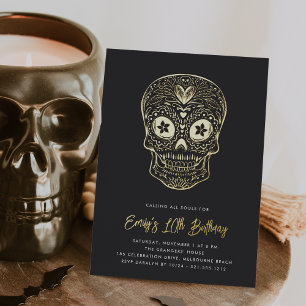 Gouden Schedel Dia de los Muertos Verjaardagsfeest Folie Uitnodiging