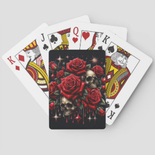 Gouden schedels en rode rozen schitteren gotische  pokerkaarten
