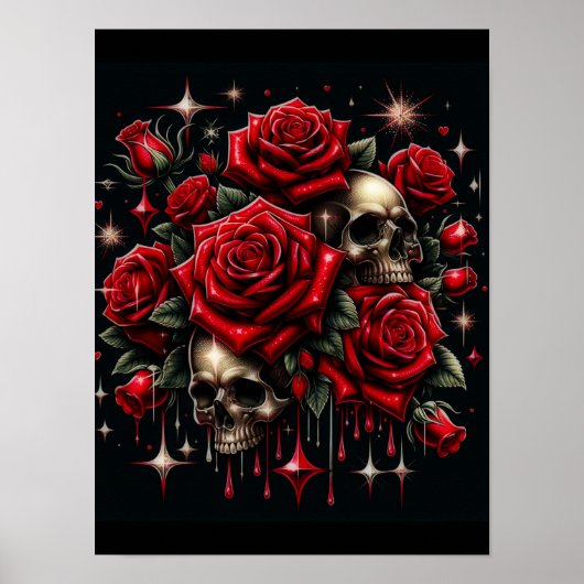 Gouden schedels en rode rozen schitteren gotische poster (Voorkant)