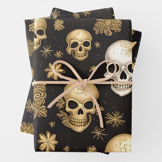 Gouden schedels en sneeuwvlokken Gotische Kerstmis Inpakpapier Vel (In situ)